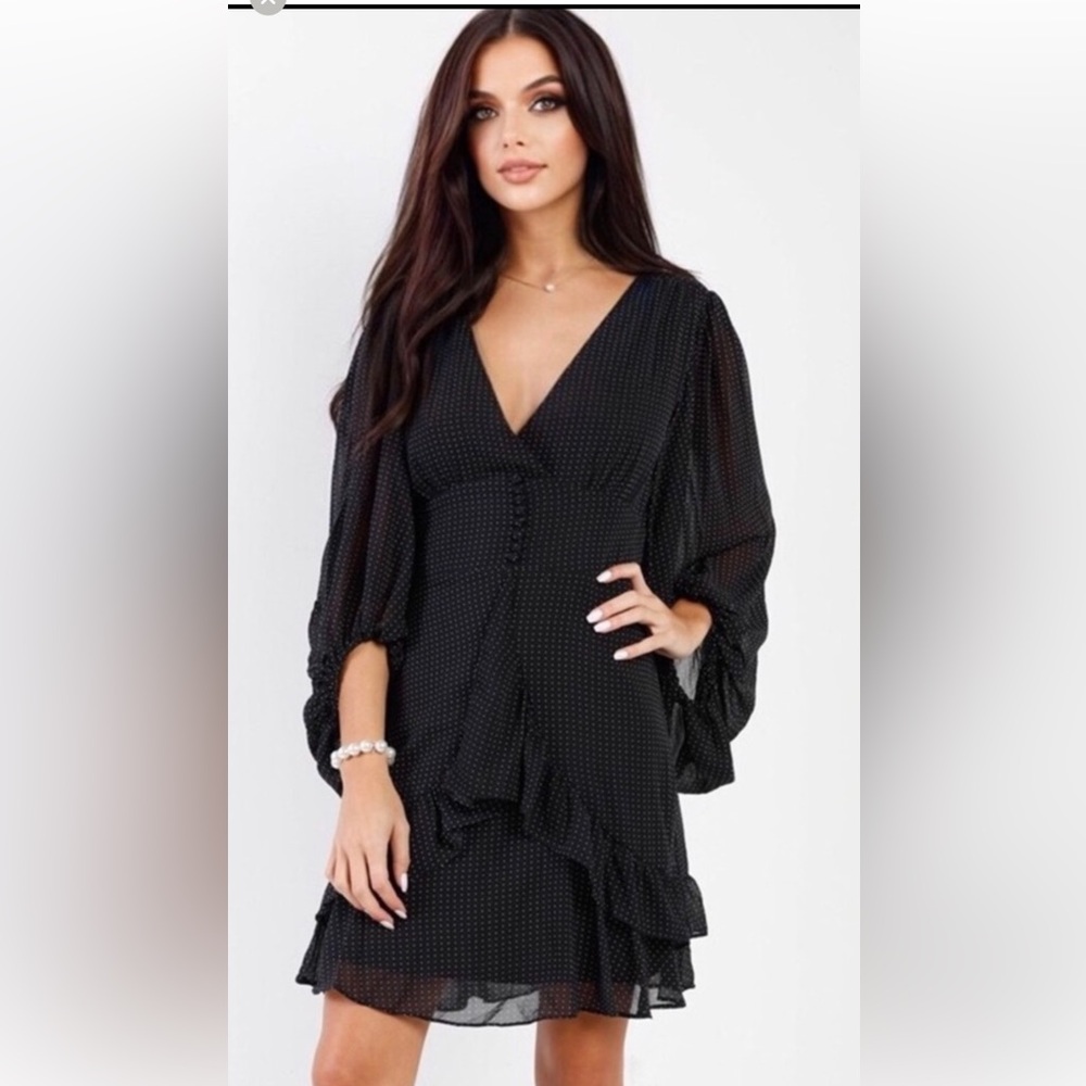 NWT Sugar + Lips Black Polkadot Babydoll Puffy Sleeve Elegant Dress Size L